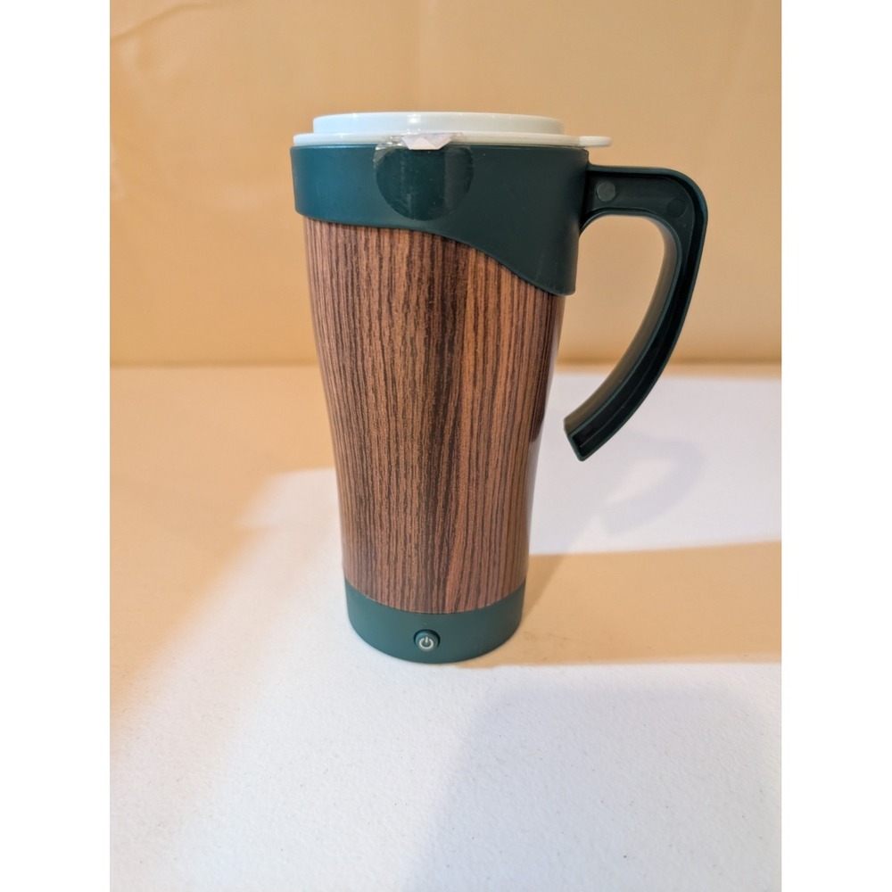 Wood Grain Travel Mug with Green Accents